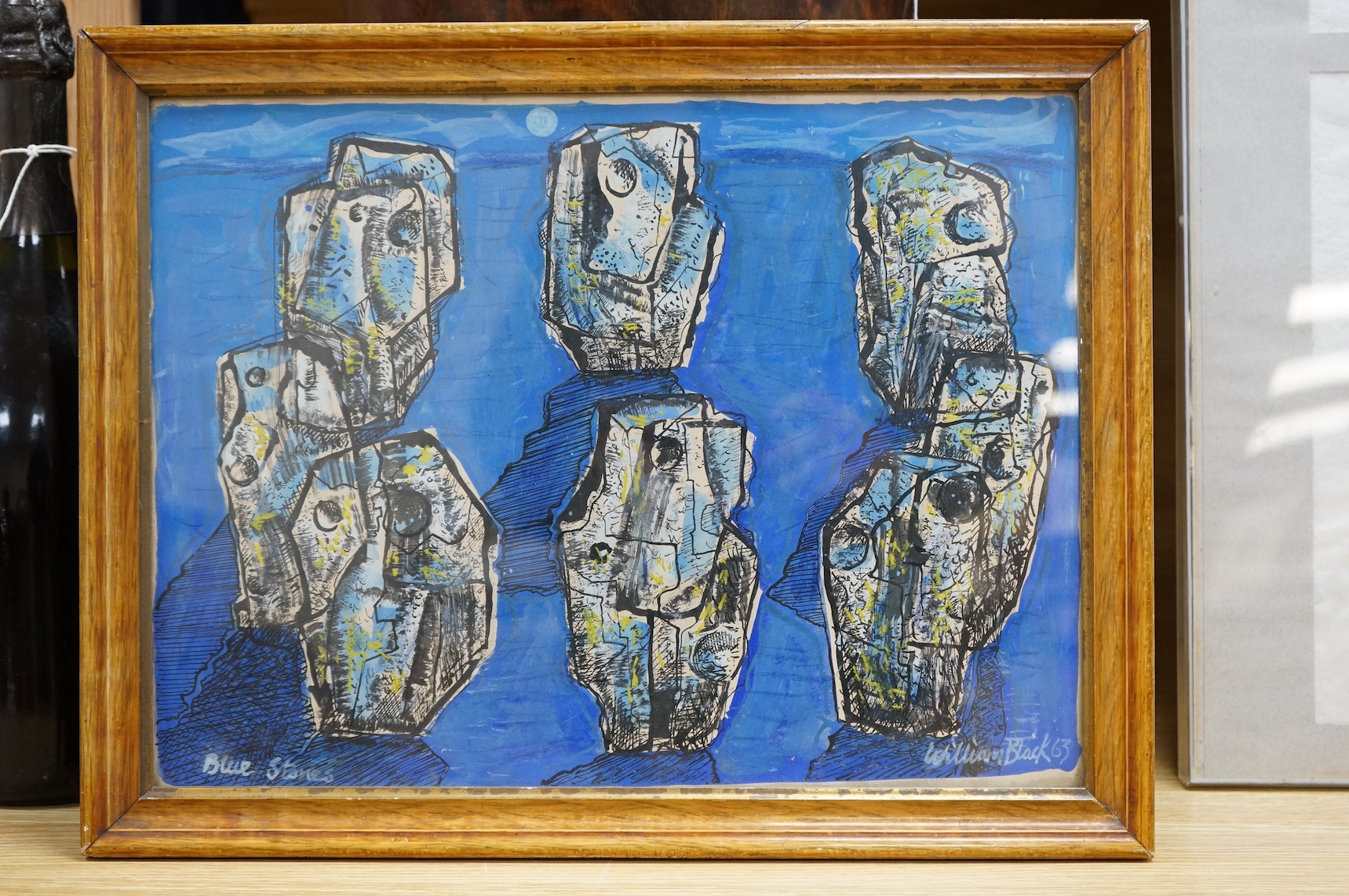 William Black (Cornish, 20th. C), ink and watercolour, 'Blue Stones', signed and dated '63, 29 x 38cm. Condition - good